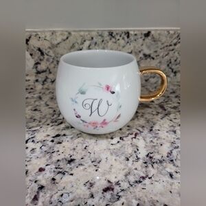Fringe Studio Initial "W" Floral Wreath White With Gold Handle 14/16 oz Coffee M